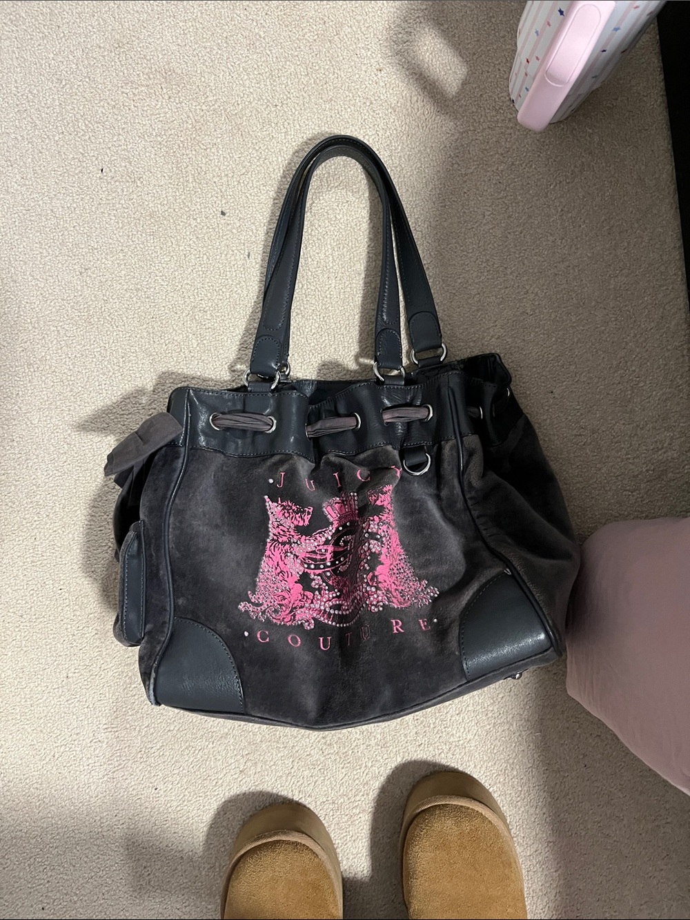 Juicy Couture Black Suede Tote with Pink Crest Logo